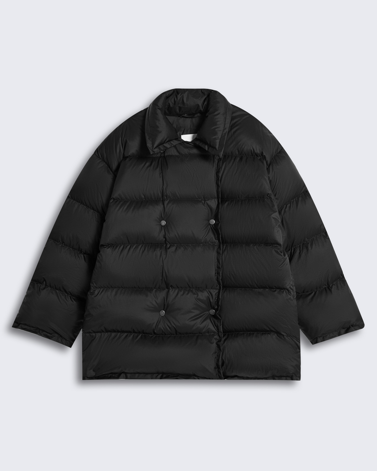 Пуховик двубортный укороченный из итальянского нейлона черный