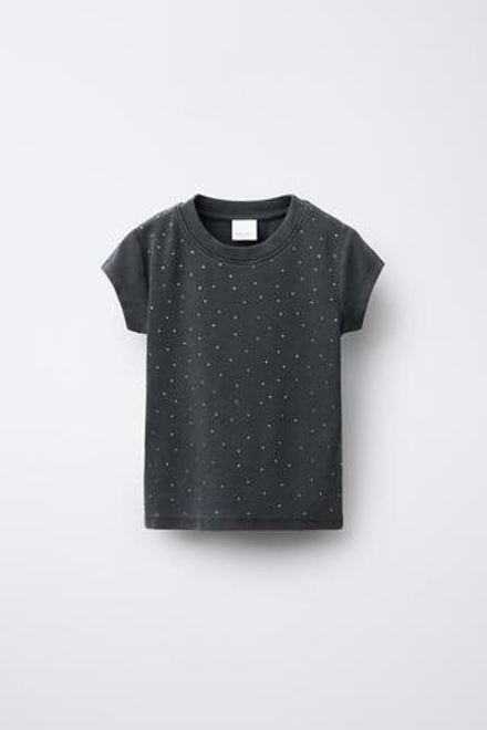 ZARA ФУТБОЛКА С ЭФФЕКТОМ ПОТЕРТОСТИ И СТРАЗАМИ, АНТРАЦИТОВО-СЕРЫЙ