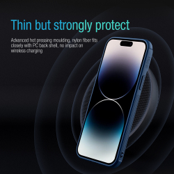 Чехол текстурный синего цвета для iPhone 14 Pro Max, Nillkin серия Textured Case S Magnetic Case, c поддержкой беспроводной зарядки MagSafe и полуавтоматический механизм сдвижной шторки