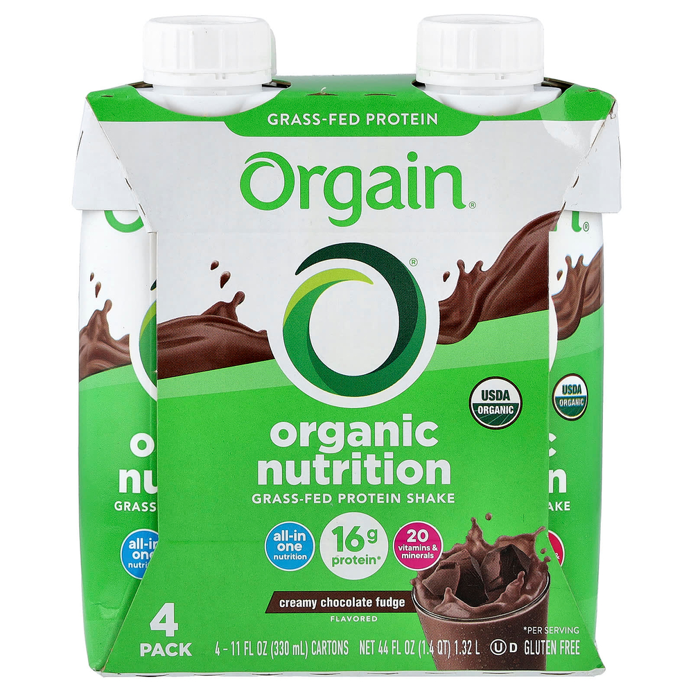 Orgain, Organic Nutrition, протеиновый коктейль из молока коров травяного откорма, сливочная шоколадная помадка, 4 пакетика по 330 мл (11 жидк. унций)