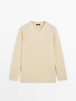 Massimo Dutti Свитер оверсайз с V-образным вырезом, ванильный
