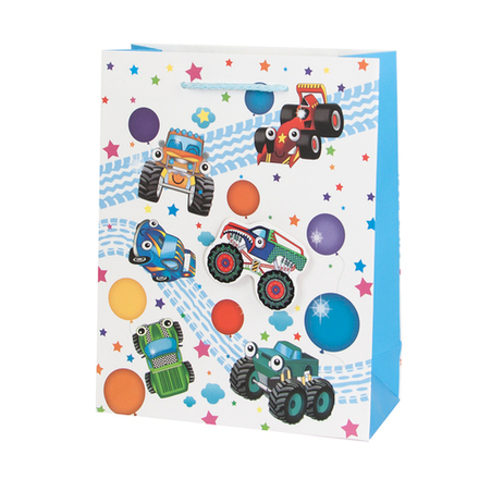 Пакет подарочный 3D, Озорные монстр-траки, с блестками, 32*26*10 см, 1 шт.