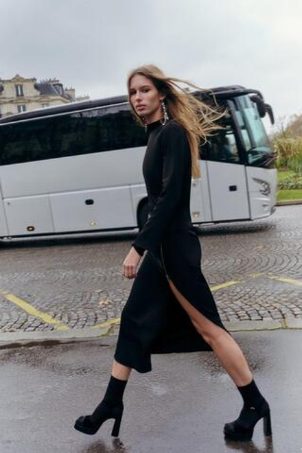 ZARA ПЛАТЬЕ МИДИ СО СБОРКОЙ И МОЛНИЕЙ, ЧЕРНЫЙ