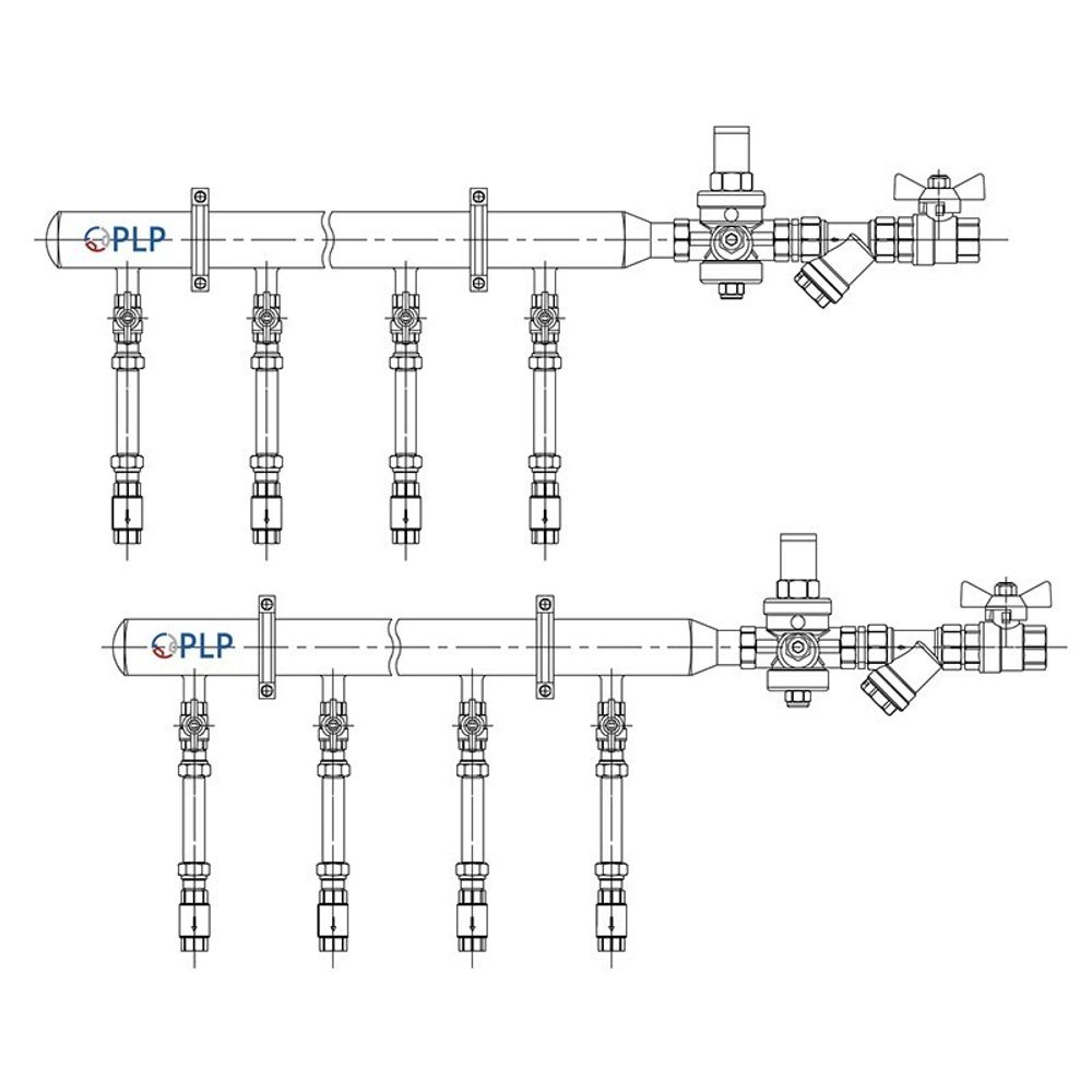 Узел коллекторный для водоснабжения этажный с левым подключением на 2 выхода PLP УКЭВ-Л-25-РД25-40НЖ-100-2-15-В110-КО15