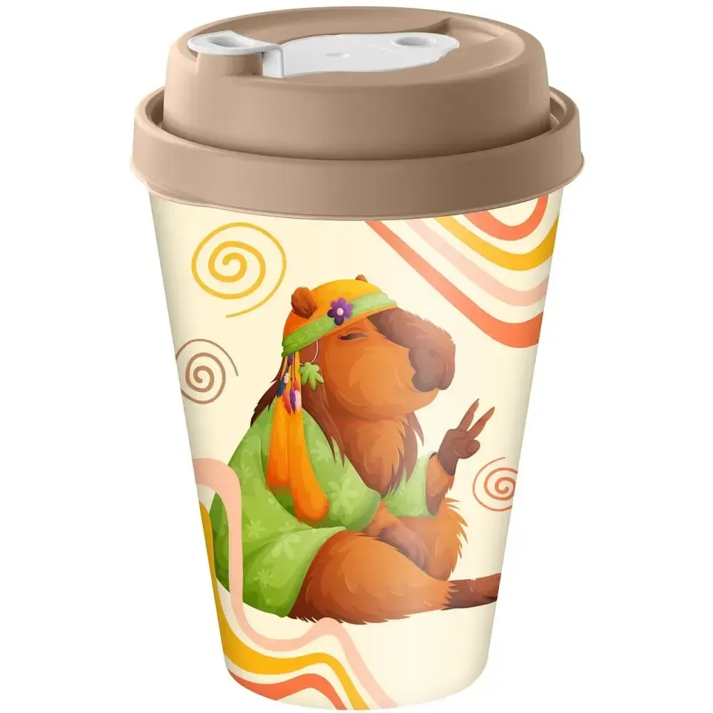 Стакан с крышкой 420мл с декором с клапаном Капибары, Бежевый Стакан с крышкой 420мл с декором с клапаном Капибары, Бежевый