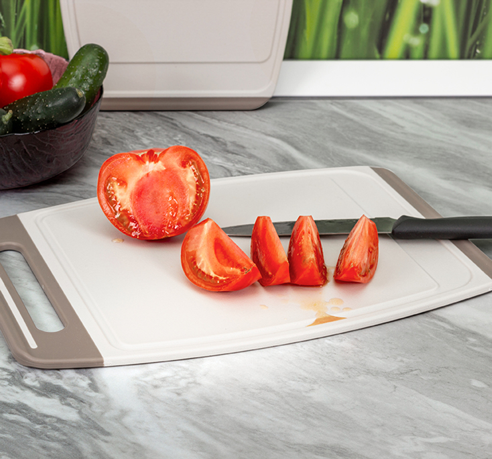 Доска разделочная ХЕВИ 405*275 мм антискользящие вставки, увеличенная толщина, желобки для отвода влаги М1567