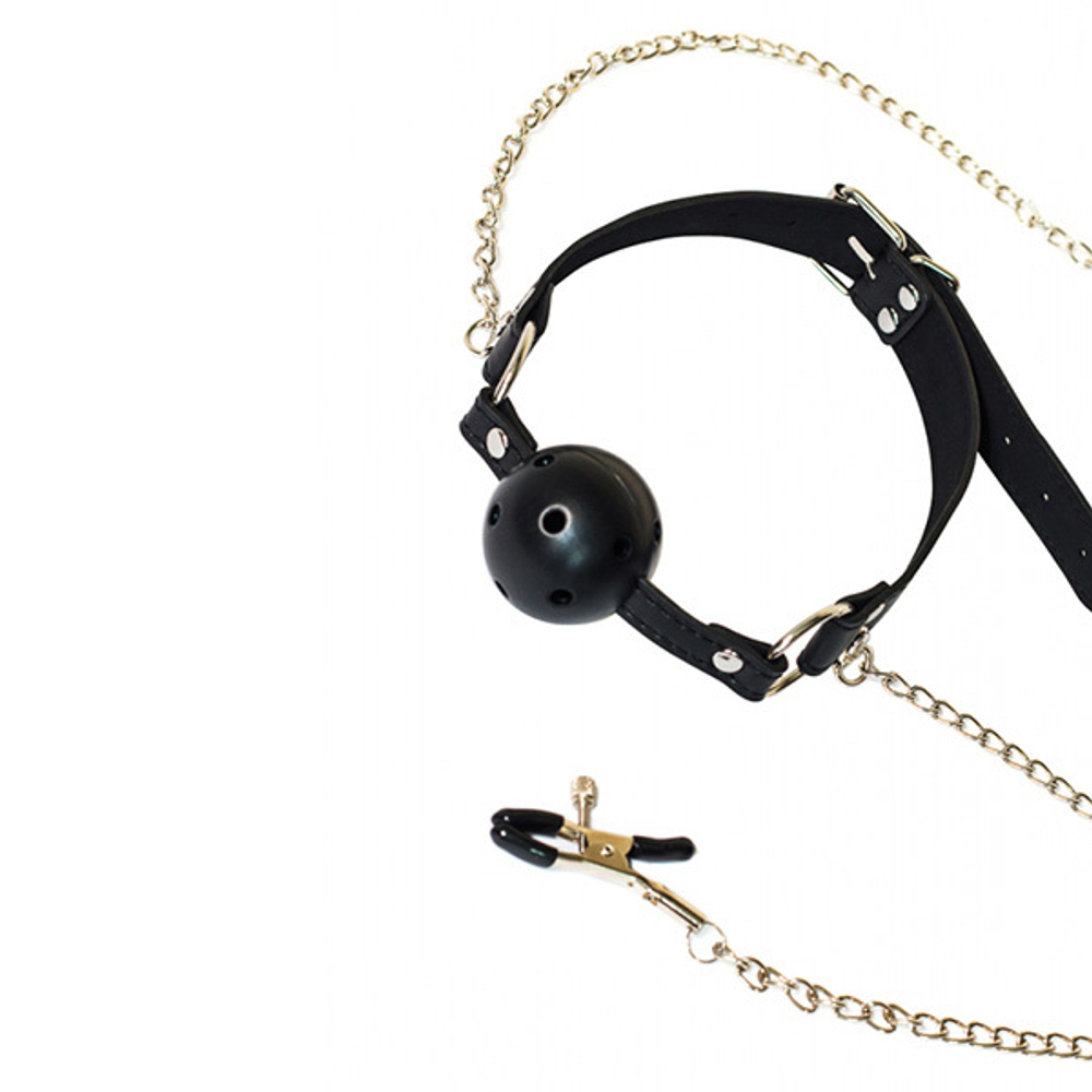 Черный кляп-шар 4,5см с зажимами для сосков Lola Games Ball Gag with Nipple Clamps Party Hard Gratitude 1149-01lola