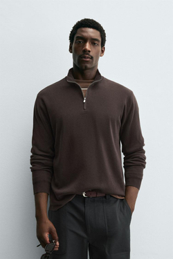 ZARA ДЖЕМПЕР ЖЕМЧУЖНОЙ ВЯЗКИ С МОЛНИЕЙ, ТЕМНО-КОРИЧНЕВЫЙ