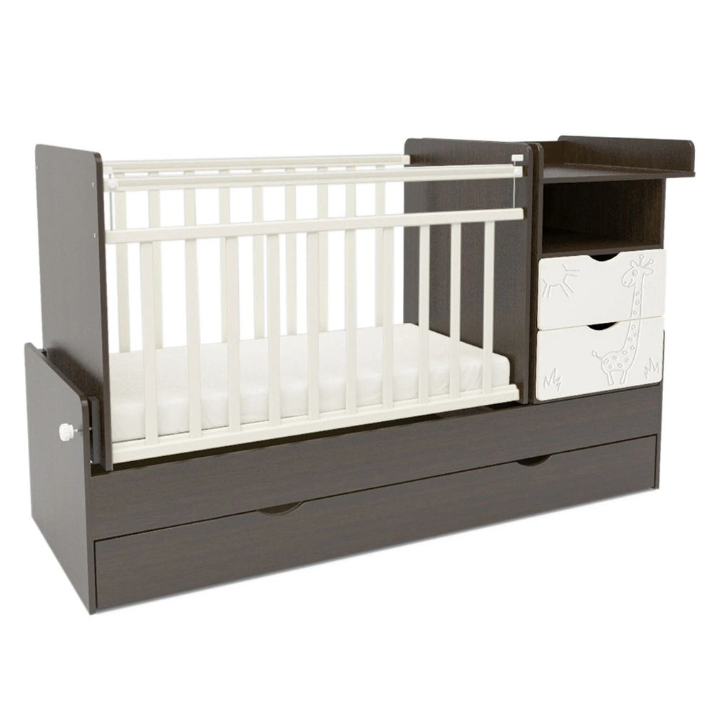 Кровать трансформер "СКВ-5 жираф" с пеленальным комодом ,цвет венге-белый