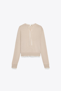 ZARA ВЯЗАНЫЙ ДЖЕМПЕР С ШЕРСТЬЮ И КОМБИНИРОВАННОЙ ТКАНЬЮ, ПЕСОЧНЫЙ