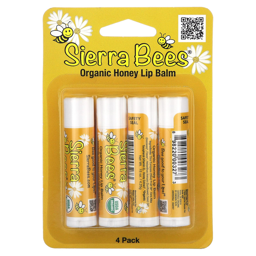 Sierra Bees, Органические бальзамы для губ, мед, 4 штуки в упаковке весом 0,15 унции (4,25 г) каждая