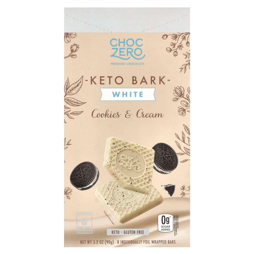 ChocZero, Keto Bark, белый шоколад, печенье и сливки, 8 батончиков, 90 г (3,2 унции)