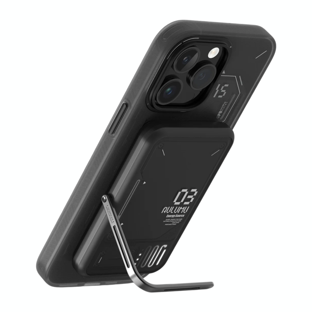 Внешний аккумулятор MagSafe с подставкой Aulumu M03 Battery Pack (3500 мА·ч) Внешний аккумулятор в футуристическом стиле | Беспроводная зарядка: Qi 5 Вт. Проводная зарядка: нет. Есть LED-индикация. Энергоёмкость — 12,95 Вт·ч