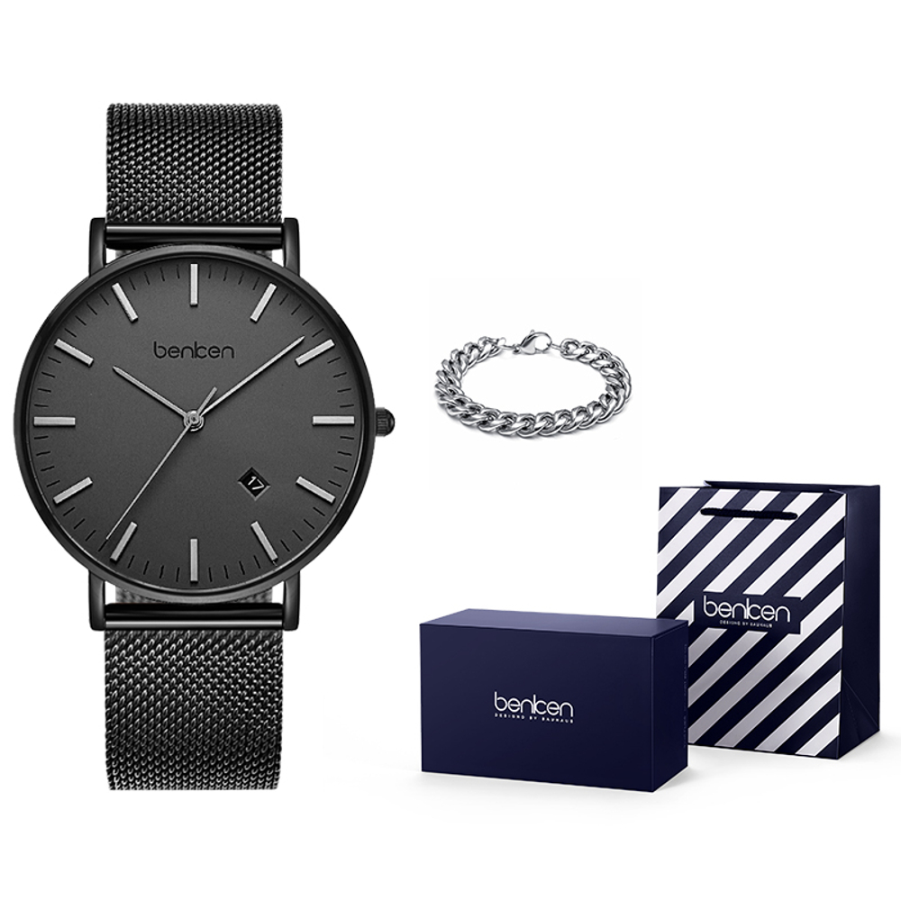 BENKEN Quartz Movement Stainless Steel Strap Watch Men"s Watches Black Dial