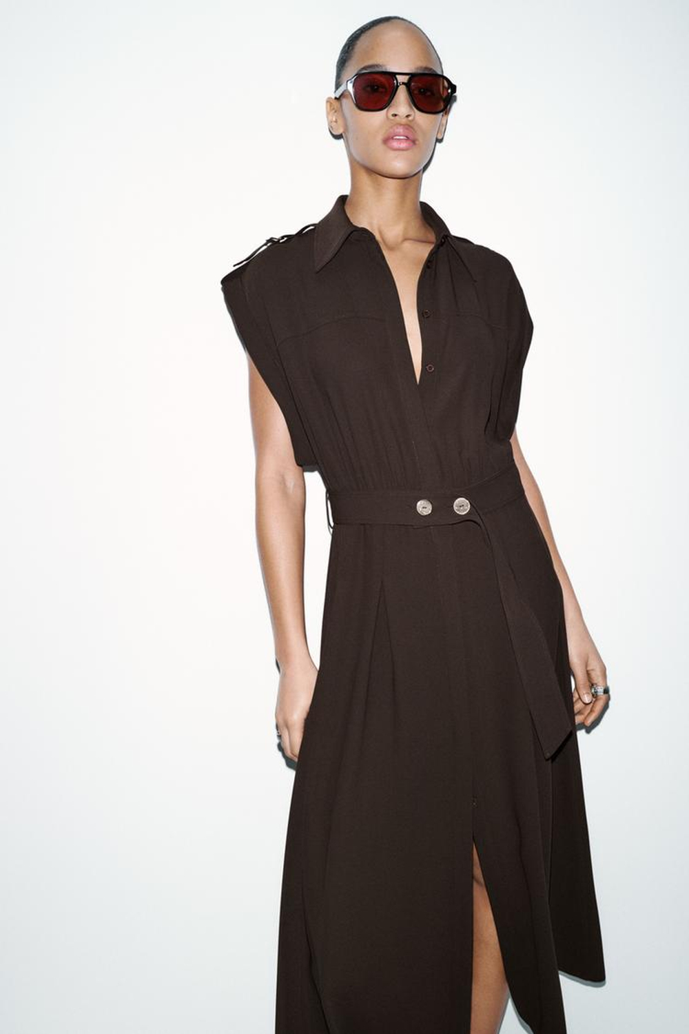 ZARA ПЛАТЬЕ МИДИ С ПОЯСОМ, КОРИЧНЕВЫЙ