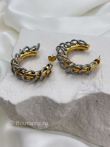 Серьги кольца массивные золотистые с серебристыми колечками 