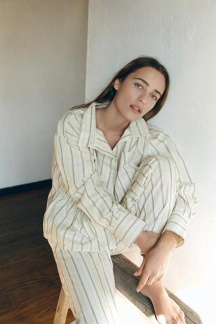 ZARA БРЮКИ В ПИЖАМНОМ СТИЛЕ В ПОЛОСКУ, ЭКРЮ/СИНИЙ