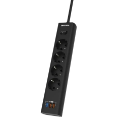 Сетевой фильтр удлинитель Philips CHP8246BA/51 с четырьмя стандартными розетками EU, 2 USB-A, Type-C, с заземлением и защитой от перегрузок, 2 м, черный
