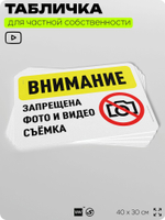Табличка для частной территории "Внимание, запрещена фото и видеосъемка", на дом, для участка, организаций и частных территорий, предупреждающая, 40х30 см, Silver Plane x Айдентика Технолоджи