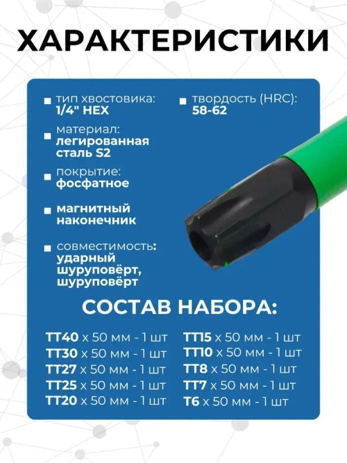 Набор бит для шуруповерта TORX S2 50 мм 10 шт