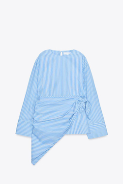 ZARA РУБАШКА В ПОЛОСКУ ZW COLLECTION, БЕЛЫЙ/НЕБЕСНО-ГОЛУБОЙ