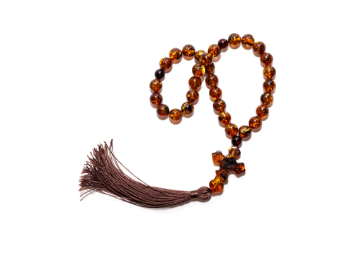 Четки из янтаря христианские натуральные, 30 бусин по 10 мм и 3 разделителя. Четки мужские с крестом ручной работы