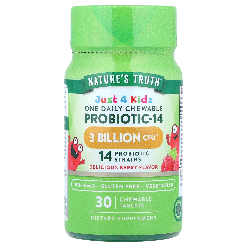 Nature's Truth, Just 4 Kidz, одна жевательная таблетка с пробиотиком-14, вкус ягод, 30 жевательных таблеток