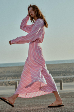 ZARA РУБАШКА ОВЕРСАЙЗ ИЗ ЛЬНА В ПОЛОСКУ, РОЗОВЫЙ/БЕЛЫЙ