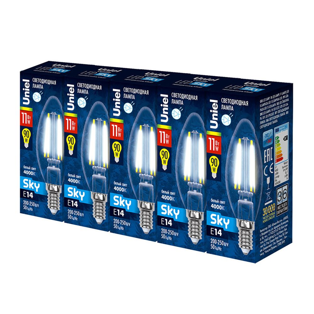 LED-C35-11W/4000K/E14/CL PLS02WH Набор из 5штук Лампа светодиодная. Форма свеча прозрачная. Серия Sky. Белый свет 4000К. Uniel.