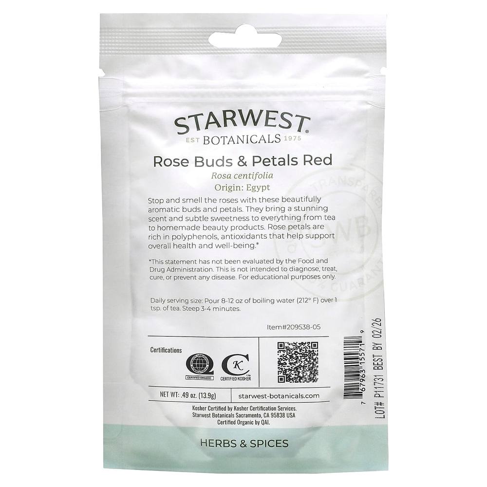 Starwest Botanicals, Органические красные бутоны и лепестки роз, 13,9 г (0,49 унции)