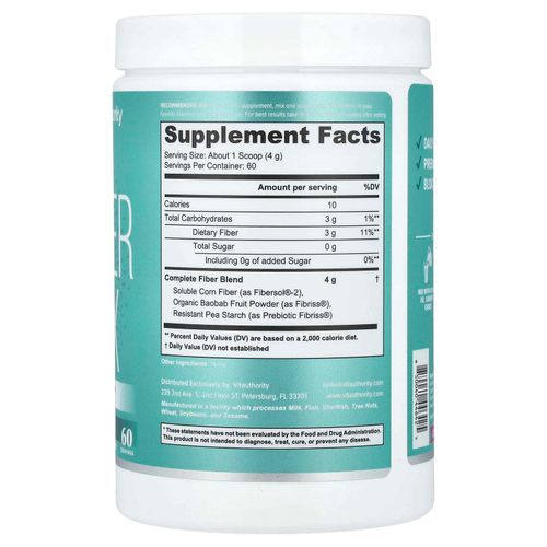 Vitauthority, Fiber Fix, добавка для поддержки кишечника из нескольких волокон, без добавок, 240 г (8,46 унции)