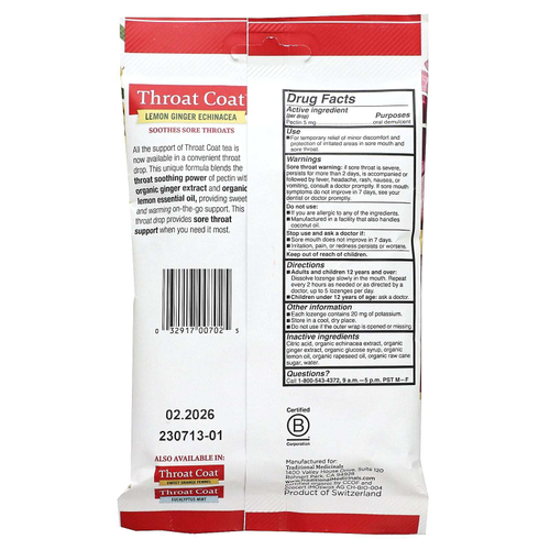 Traditional Medicinals, леденцы для горла с лимоном и имбирём, 16  леденцов с пектином
