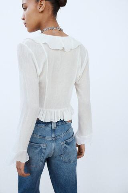 ZARA ПОЛУПРОЗРАЧНАЯ БЛУЗА С ВОЛАНАМИ, ЭКРЮ