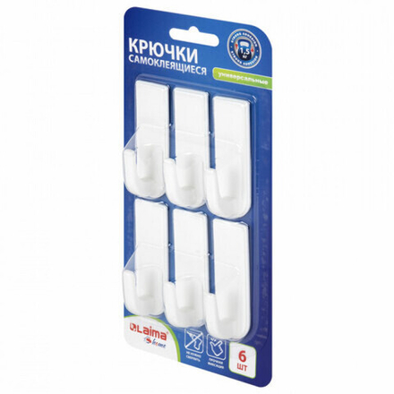 Крючки самоклеящиеся универсальные 6,6х2,1см, КОМПЛЕКТ 6 шт., белые, LAIMA Home, 608793