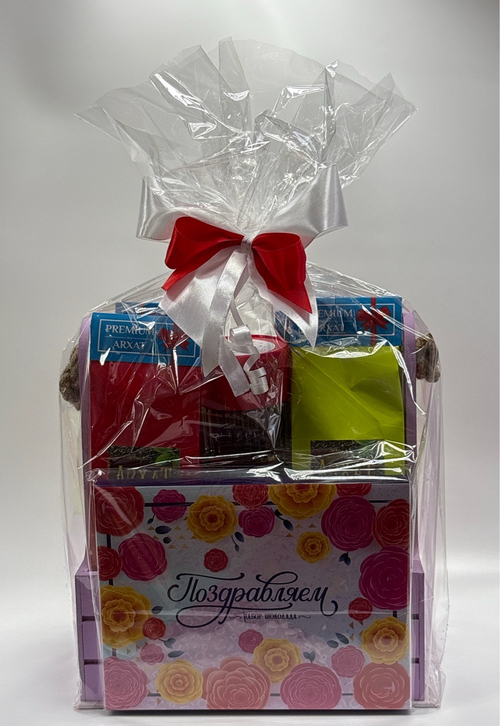 Подарочный набор 140226 арт! ящик фиолет.мал поздравляем!\чай архат 200гр \кофе  тоссайд\мармелад джойко\шоко набор поздравляем!