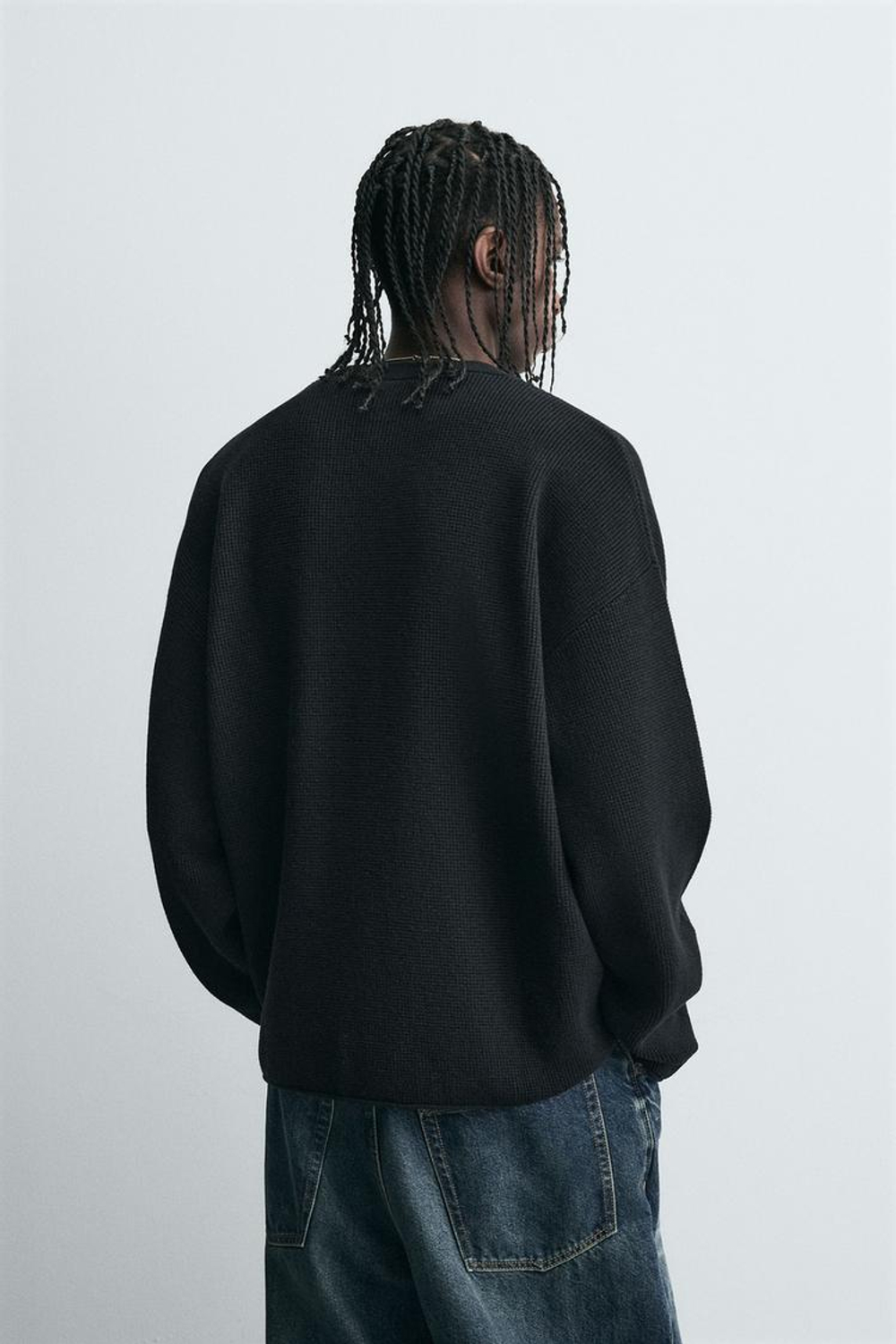 ZARA СВИТЕР ВАФЕЛЬНОГО ПЛЕТЕНИЯ С ЭФФЕКТОМ ПОТЕРТОСТИ, ЧЕРНЫЙ