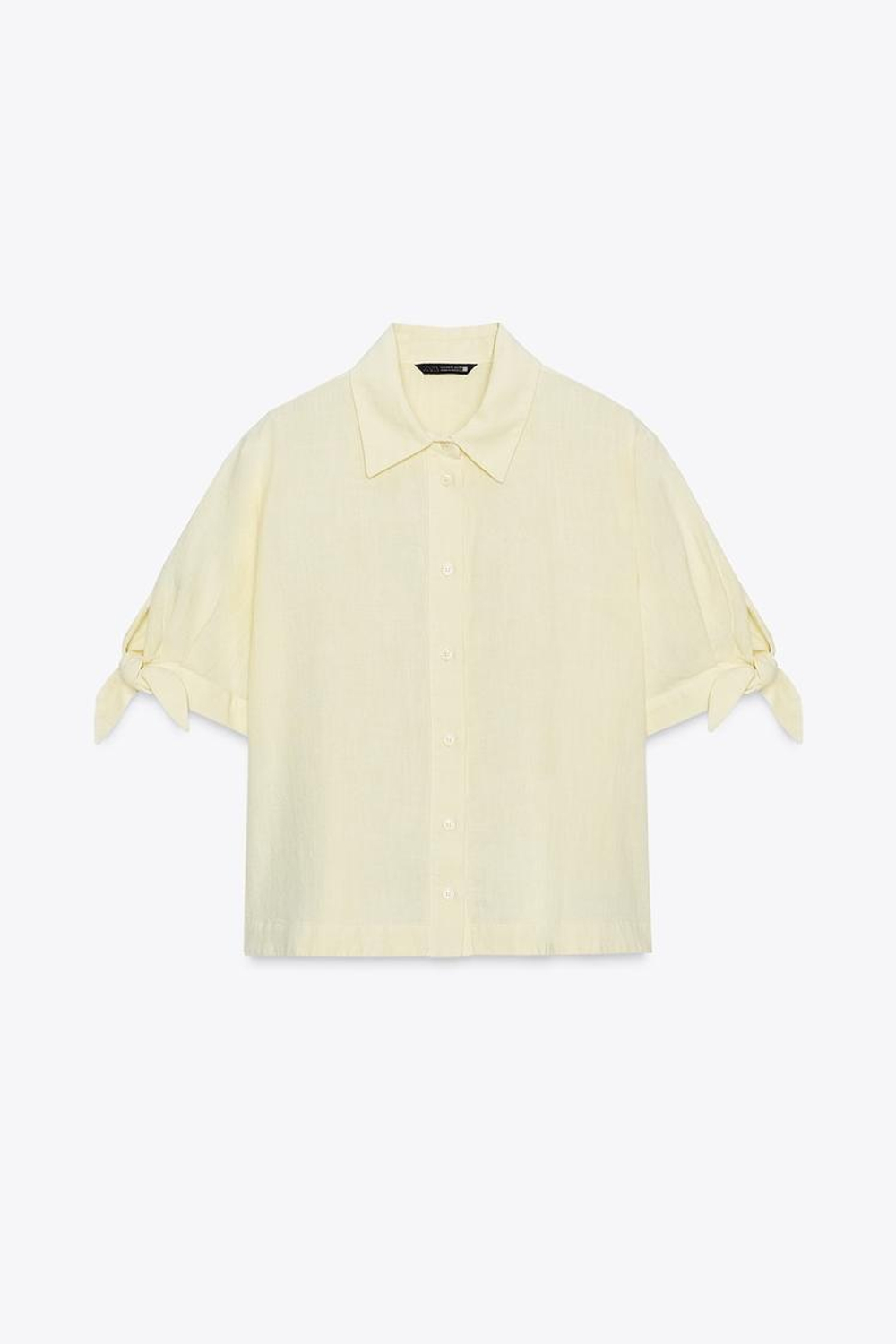 ZARA РУБАШКА ИЗ РАМИ С КОРОТКИМИ РУКАВАМИ И ЗАВЯЗКАМИ, ЖЕЛТЫЙ