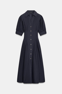 ZARA ПЛАТЬЕ МИДИ ИЗ ПОПЛИНА С ОБЪЕМНЫМИ РУКАВАМИ, МОРСКОЙ СИНИЙ