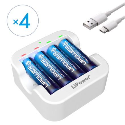 Аккумулятор LIPOWER AA, Li-Ion, 1.5V, 3500 mWh, 4 шт., перезаряжаемые (Зарядное устройство в комплекте)