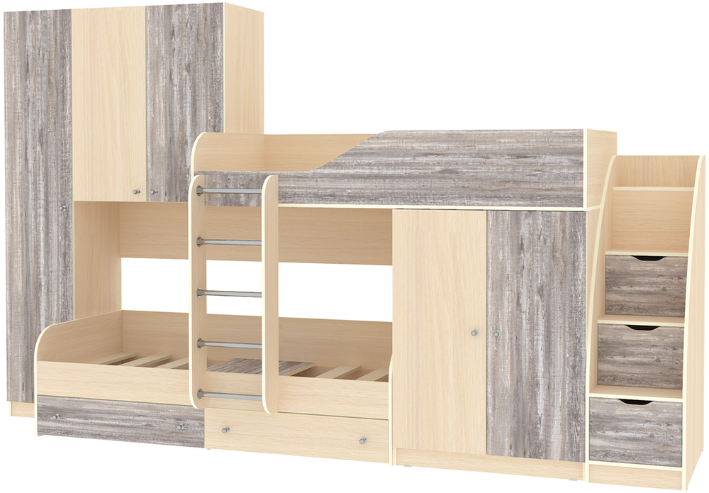 Двухъярусная кровать КарИВи Лео с лестницей Комод КарИВиом  Дуб Молочный Бетон
