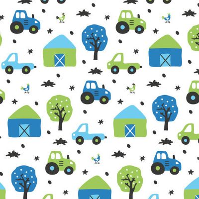 Buy kids farm fabric hand drawn cars tractor white green