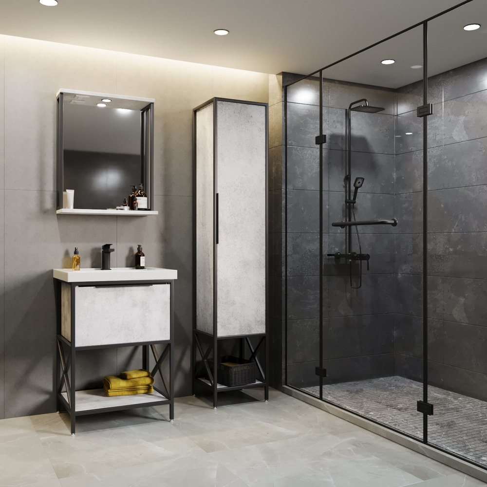 Зеркальный шкаф "БРУКЛИН" 60 Бетон с подсветкой ЛОФТ (ЛДСП)