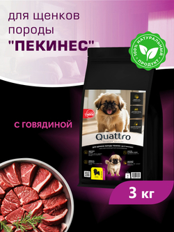 Корм сухой для щенков породы Пекинес, с говядиной, 3 кг, QUATTRO