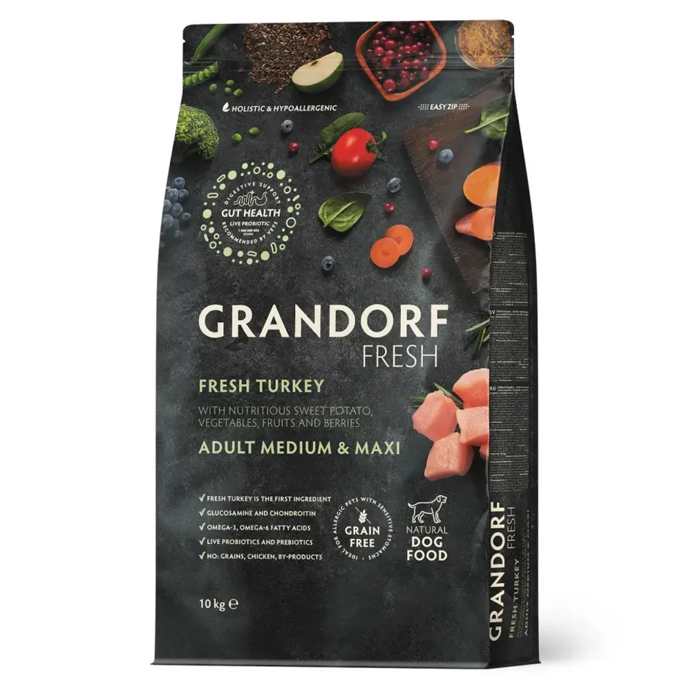 Grandorf fresh dog adult med&maxi turkey&sweet potato сухой беззерновой корм с живыми пробиотиками для взрослых собак средних и крупных пород с индейкой и бататом - 10 кг