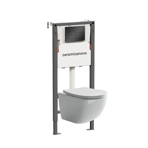 Унитаз подвесной Ceramica Nova Forma CN3009 белый, безободковый, с инсталляцией Balance CN121002MB и кнопкой Square черный матовый