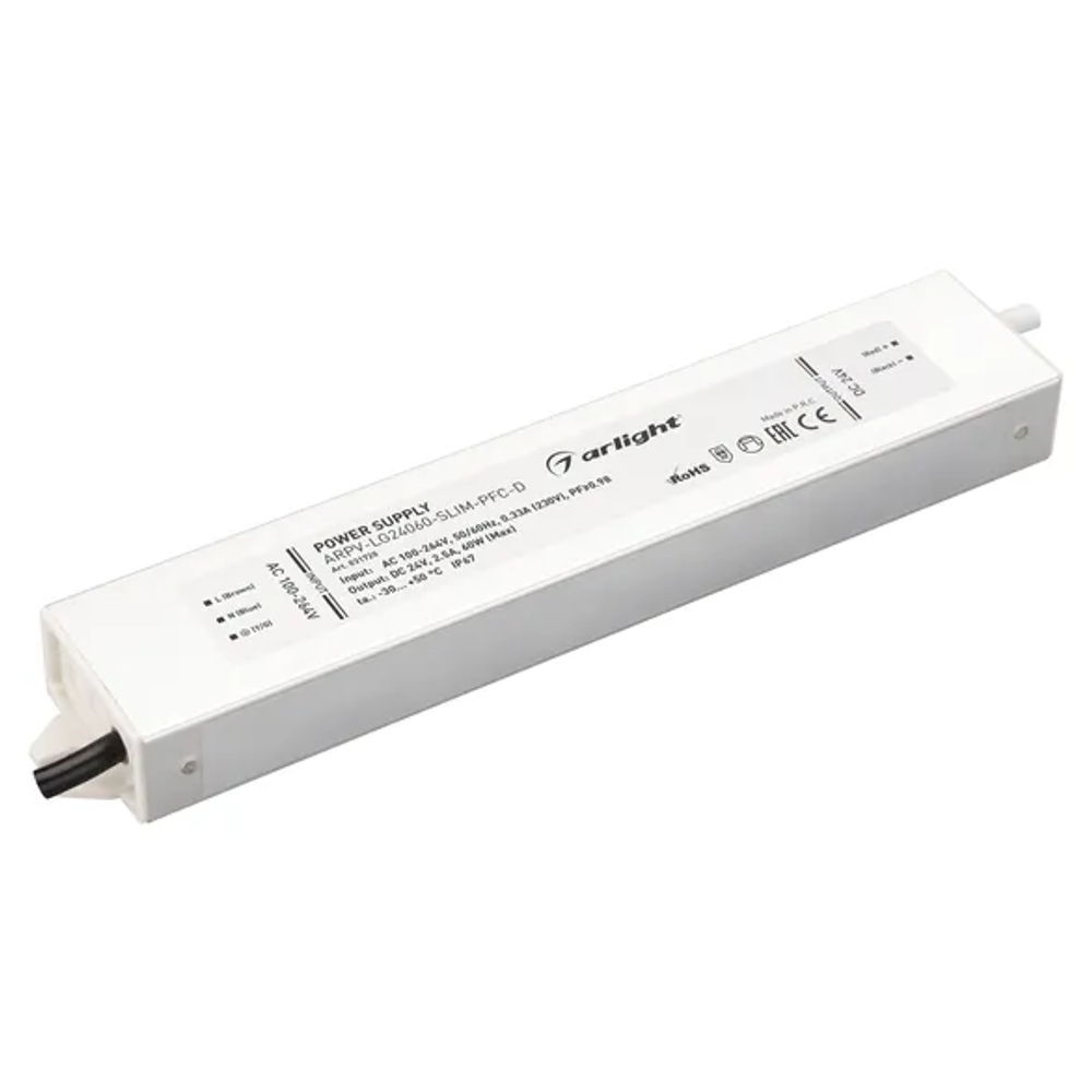 Блок питания ARPV-LG24060-SLIM-PFC-D (24V, 2.5A, 60W) (Arlight, IP67 Металл, 5 лет) 031720