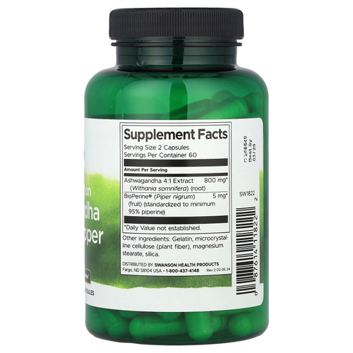 Swanson Vitamins, Ашваганда и черный перец с высокой усвояемостью, 120 капсул