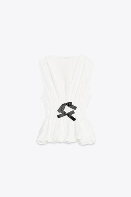 ZARA ТОП ИЗ РЕЛЬЕФНОЙ ТКАНИ С БАНТОМ, БЕЛЫЙ