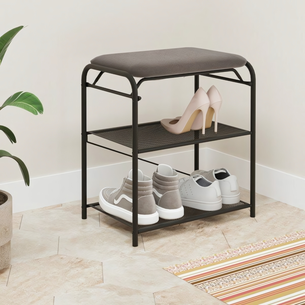 Подставка для обуви 2-х полочная 45 "Гранада 13_НБК" с сиденьем из ткани нубук, цвет черный