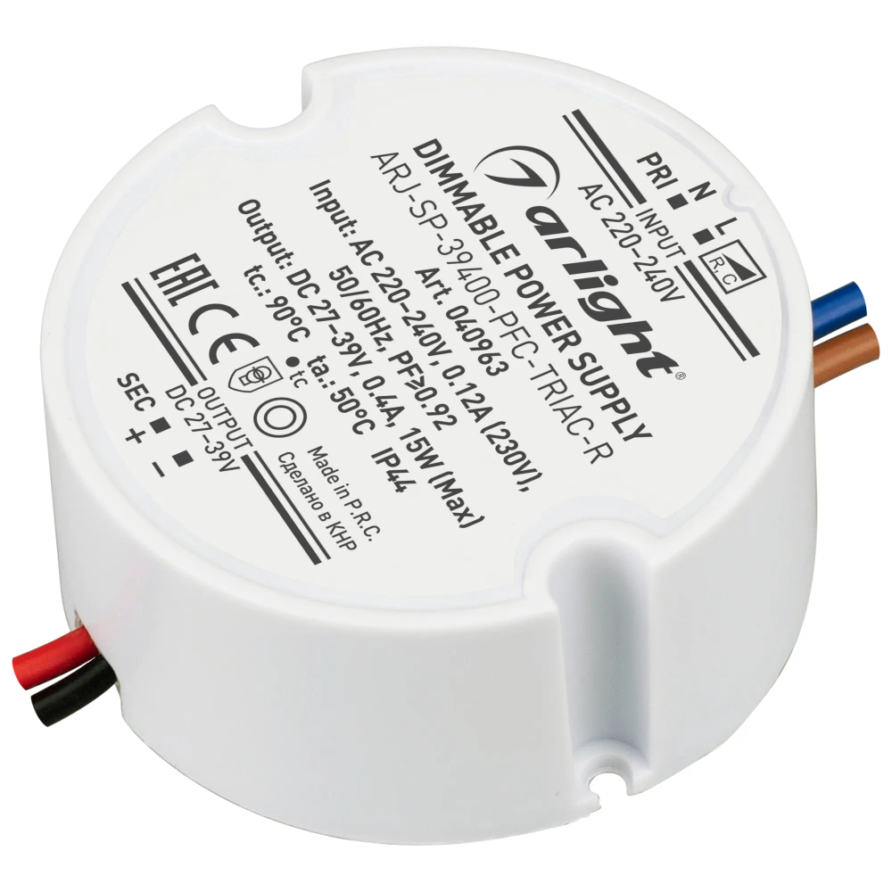 Блок питания ARJ-SP-39400-PFC-TRIAC-R (15W, 27-39V, 400mA) (Arlight, IP44 Пластик, 5 лет) 040963